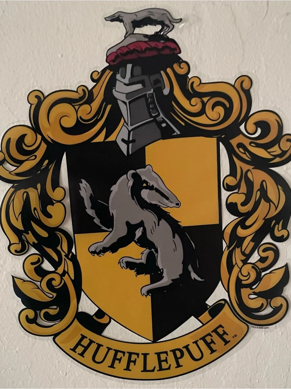 10.25”-tall, 8.25”-wide Used Vinyl Stick-&-Peel Hufflepuff Crest Wall Decal